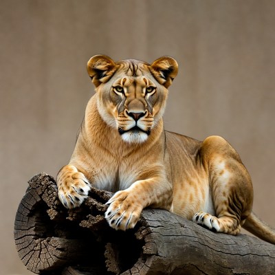 Lioness resting on log