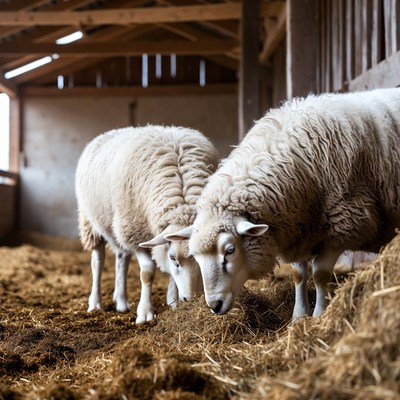 Two Sheep Eating Hay in Barn