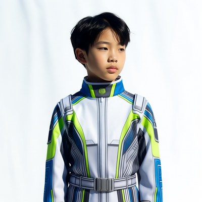Asian boy in futuristic racing suit