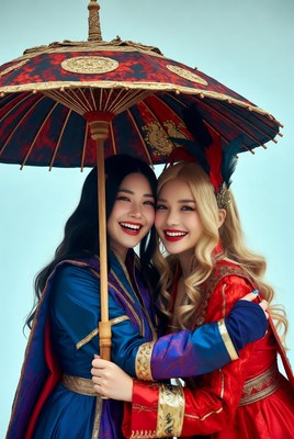 Two women holding ornate Chinese umbrella