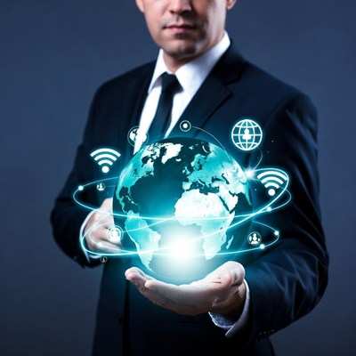 Businessman holding digital globe