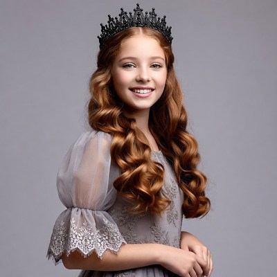 Girl with red hair wearing black crown