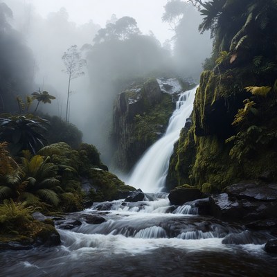 Misty Waterfall in Tropical Forest