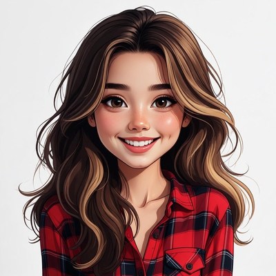 Smiling girl with brown hair in plaid shirt