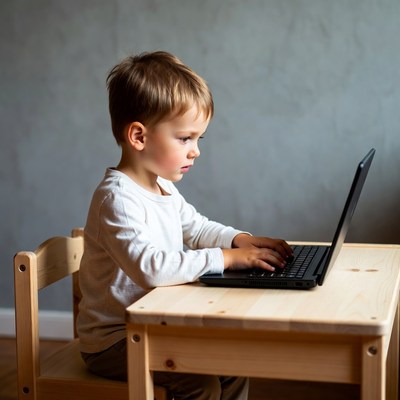 Young boy typing on laptop