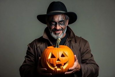 Man holding jack-o-lantern pumpkin