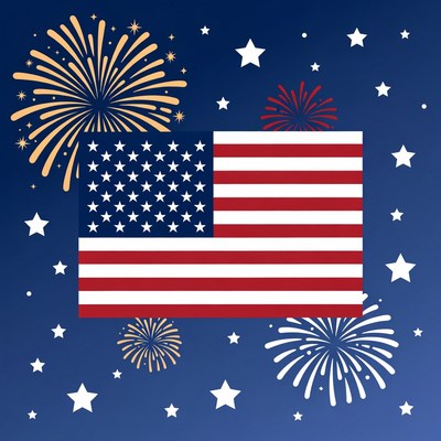 American Flag with Fireworks and Stars