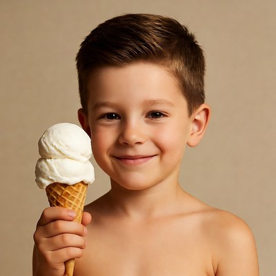 Boy holding vanilla ice cream cone