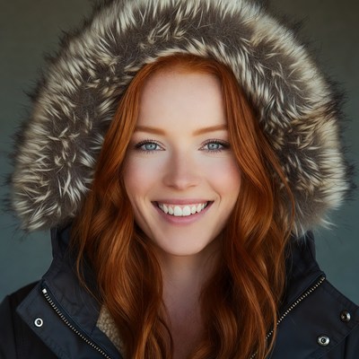 Redhead woman in fur hooded jacket