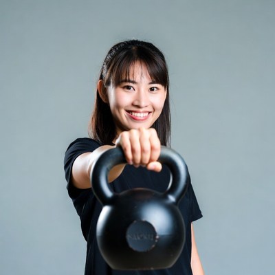 Asian woman holding kettlebell