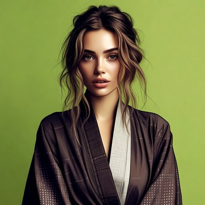 Woman in black kimono on green background