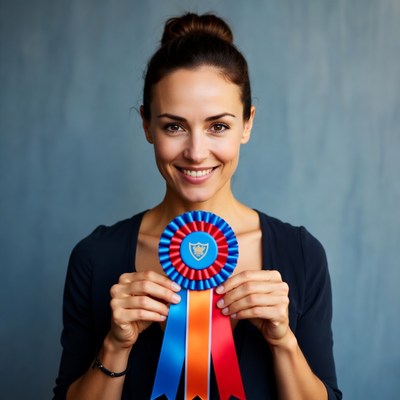 Woman holding blue ribbon award