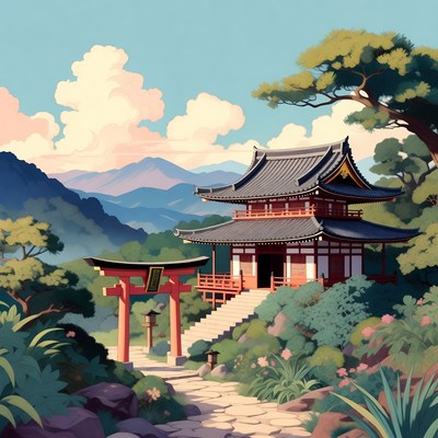 Japanese Temple with Torii Gate