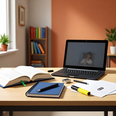 Open Books and Laptop on Desk