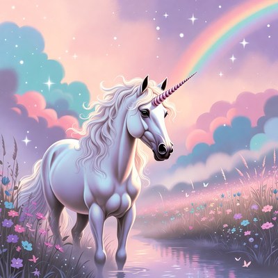 White unicorn with rainbow in meadow
