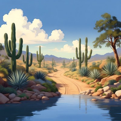 Desert Road with Cacti and Stream