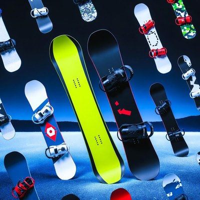 Colorful Snowboards Floating on Blue Background