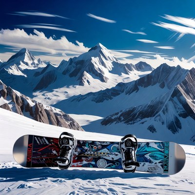 Snowboard on snowy mountain peak