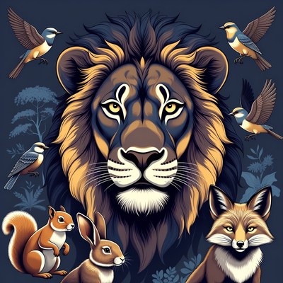 Lion with Fox Squirrel Rabbit Birds