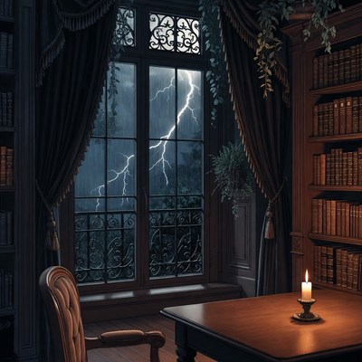 Victorian Library with Lightning Storm