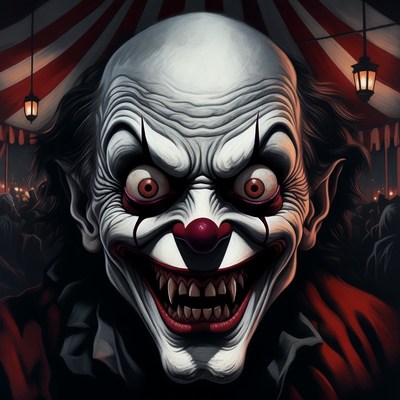 Evil Clown Grinning Under Circus Tent