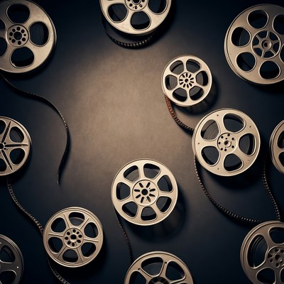 Film Reels and Filmstrip on Dark Background