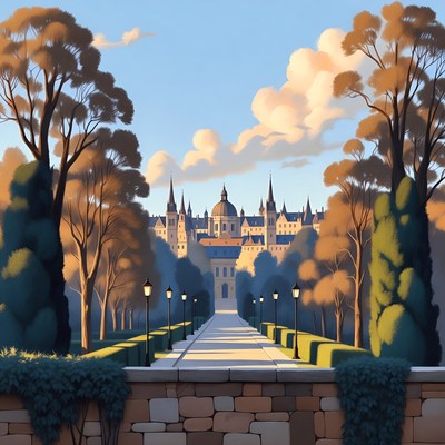 Grand Castle Beyond Autumn Tree Lined Path