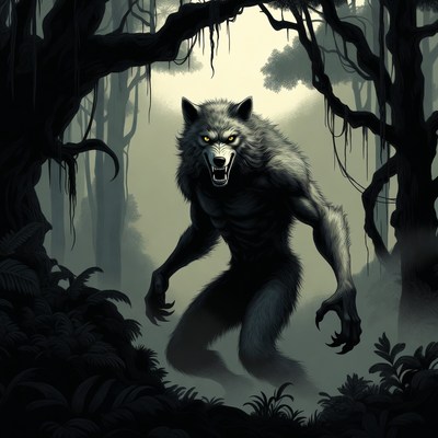 Werewolf roaring in dark jungle