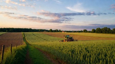 Green Tractor Harvesting Wheat Field