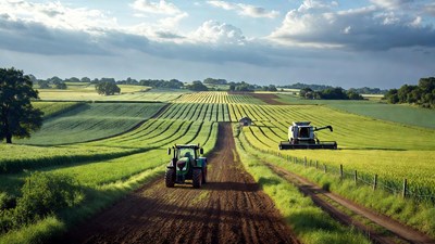 Tractors and Combine Harvester in Fields