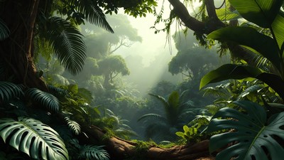 Lush Tropical Jungle with Sunbeams