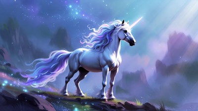 Majestic White Unicorn on Mountain Cliff