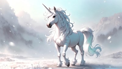 White unicorn in snowy landscape