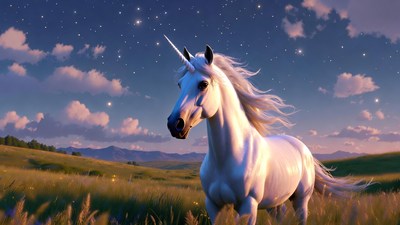 Majestic white unicorn in starry meadow