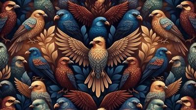 Colorful Birds Illustration with Leaves