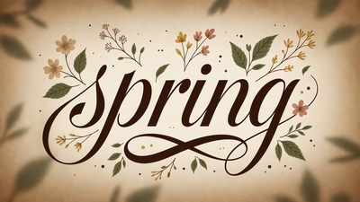 Spring Text with Flowers and Leaves