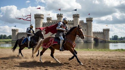 Knights on Horses Charging Near Castle