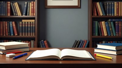Open book on desk with bookshelves