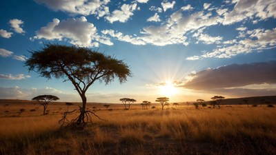 Acacia Trees at African Savanna Sunset
