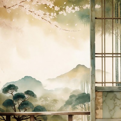 Japanese Cherry Blossom Landscape Illustration