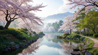 Cherry Blossom Trees Along Serene River