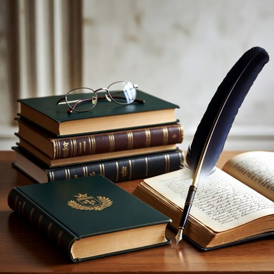 Stack of antique books with quill pen