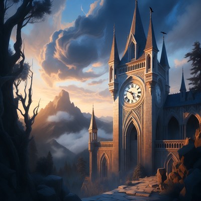 Gothic Clock Tower in Misty Mountains