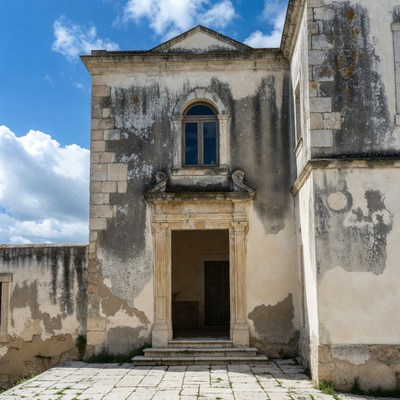 Ancient Stone Church Facade with Open Door