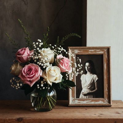 Pink Roses Bouquet Beside Woman Portrait