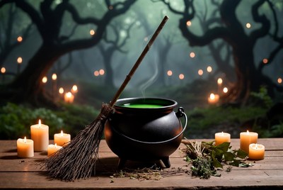 Witch Cauldron with Broom and Candles