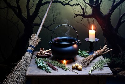 Witch Cauldron with Broom and Candle