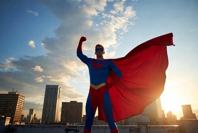 Superman posing on city rooftop at sunset