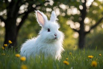 White bunny in grassy field