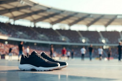 Black sneakers on stadium court